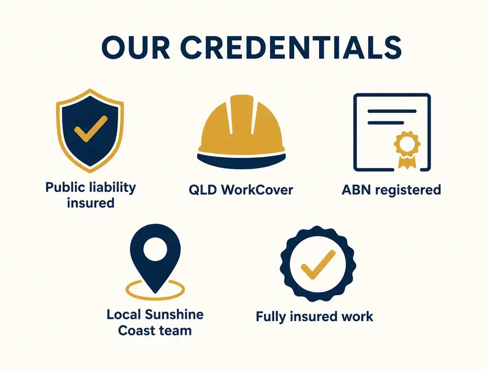 Credentials panel showing public liability insurance, QLD WorkCover cover, ABN registration, a local Sunshine Coast team and fully insured work