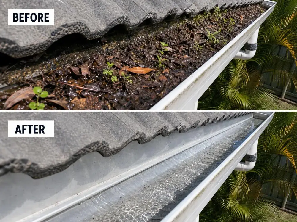Before and after gutter cleaning — a gutter packed with wet leaves and seedlings above, and the same gutter clear and flowing after cleaning