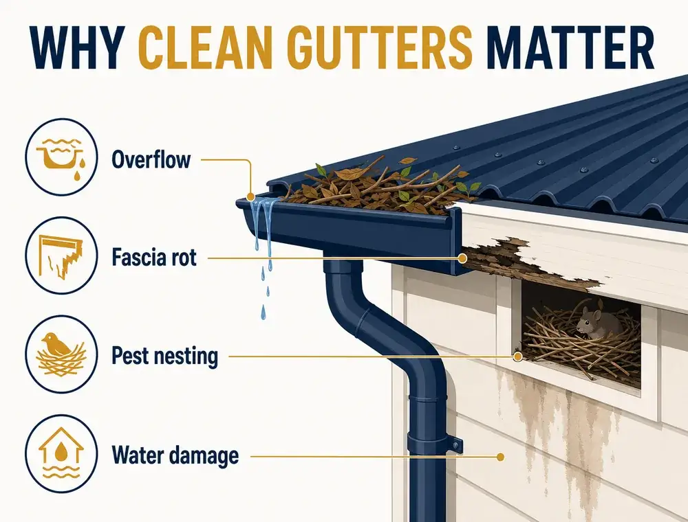 Diagram of a home's roof and gutter showing overflow, fascia rot, pest nesting and water damage prevented by regular gutter cleaning