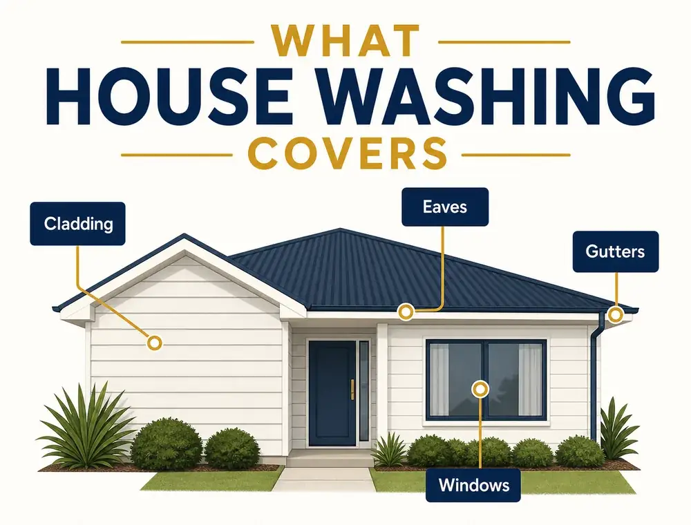 Labelled illustration of a home showing the cladding, eaves, windows and gutters covered by a house wash