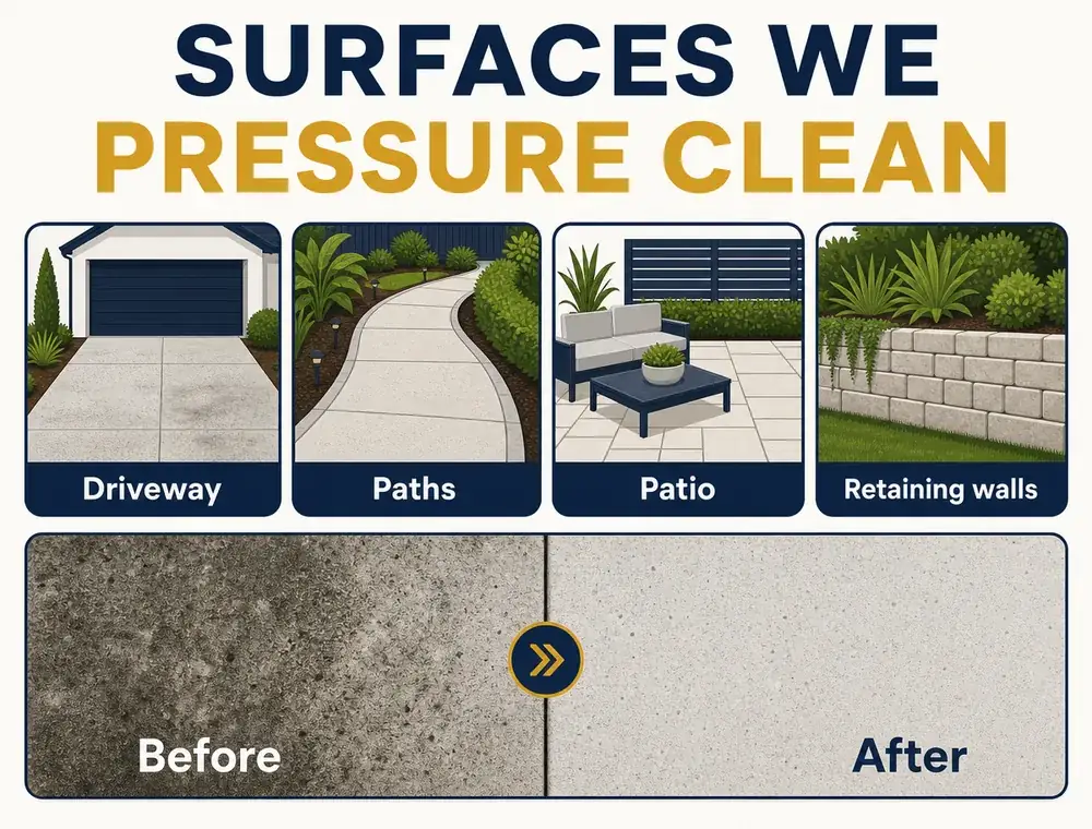 Panel of surfaces we pressure clean — driveway, paths, patio and retaining walls — with a before and after concrete strip