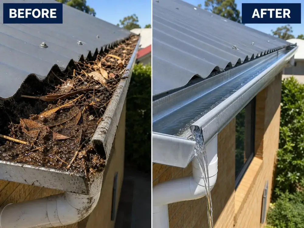Before and after gutter cleaning on a Sunshine Coast home — a gutter choked with leaves and sludge beside the same gutter cleaned and draining freely