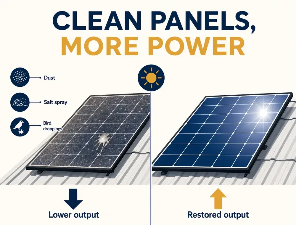 Diagram showing dust, salt spray and bird droppings lowering solar panel output, and a clean panel restoring output